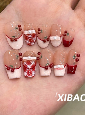 红色美甲穿戴甲短款2025新款纯手工法式指甲贴片春夏精致新娘婚甲