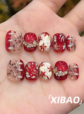 红色猫眼穿戴甲短款高质量重工绝美穿戴美甲2025新款手工指甲贴片