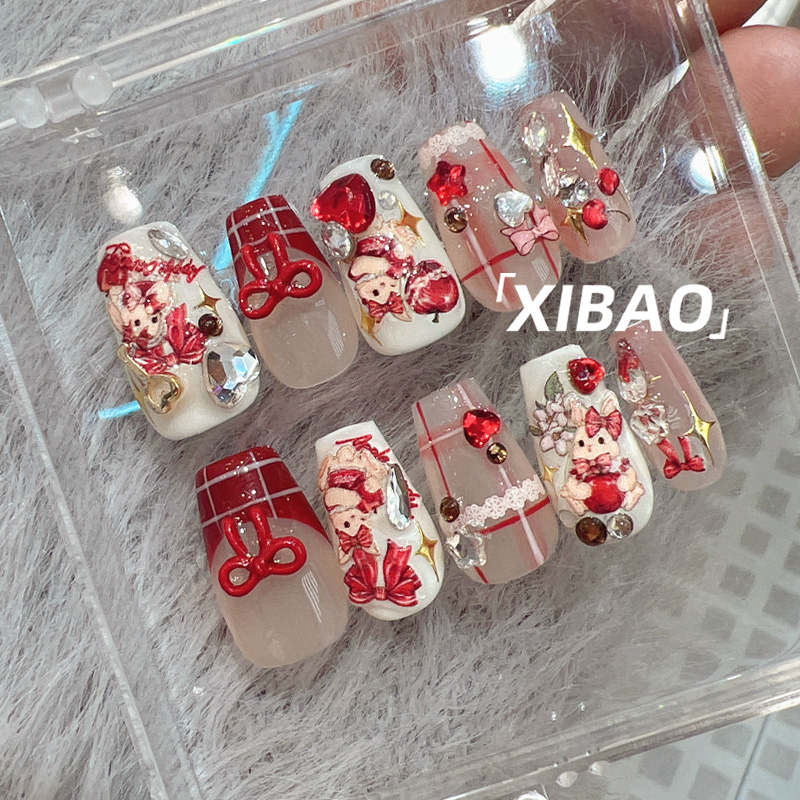 红色系穿戴甲高级感2025年新款美甲成品穿戴式秋冬款手工指甲贴片