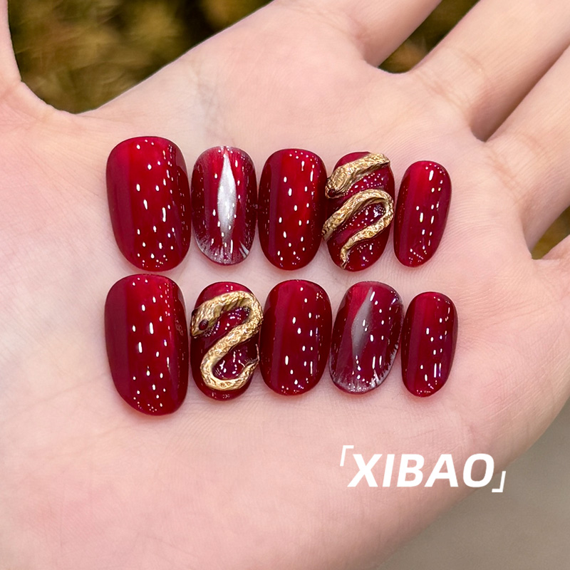 红色灵蛇穿戴甲中长款手工高质量指甲贴片2025新年款猫眼穿戴美甲