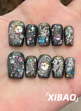 黑色穿戴甲短款高级感重工显白穿戴美甲2025新款绝美手工指甲贴片