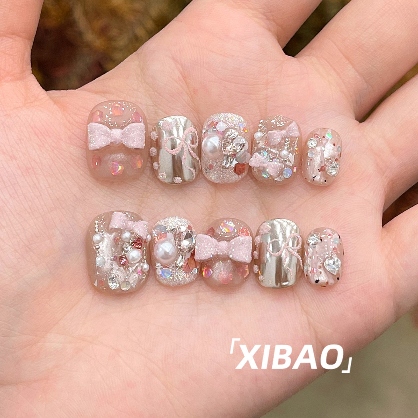 甲片穿戴甲2026新款高级感穿戴美甲短款夏日纯手工蝴蝶结指甲贴片