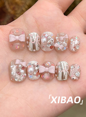 甲片穿戴甲2026新款高级感穿戴美甲短款夏日纯手工蝴蝶结指甲贴片