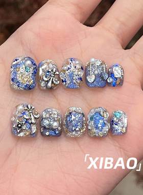 蓝色穿戴甲短款纯手工精致指甲贴片2025新款高级感重工穿戴款美甲