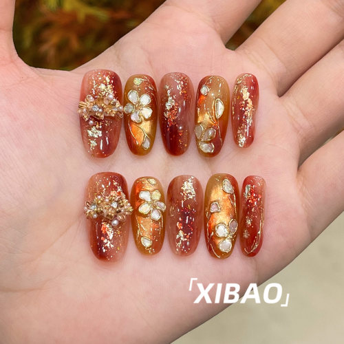 手工穿戴甲轻奢高级感重工显白穿戴美甲2026新款超火琥珀指甲贴片