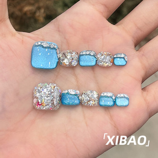蓝色猫眼美甲穿戴甲脚趾甲2025新款 高级感夏天手工绝美脚指甲贴片