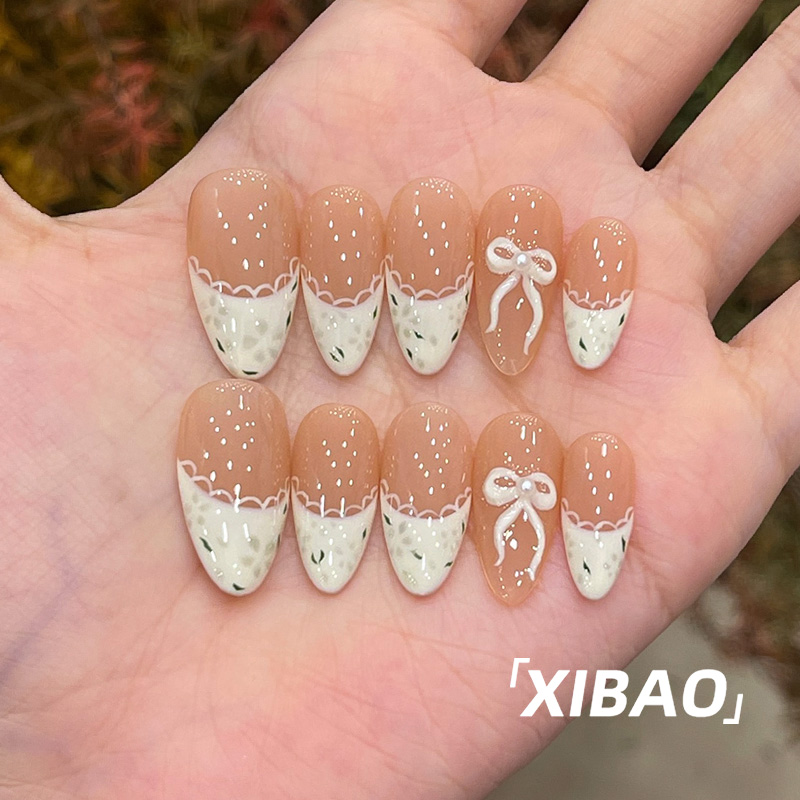 美甲穿戴甲中长款高级感手工指甲贴片2025新款法式蝴蝶结穿戴美甲