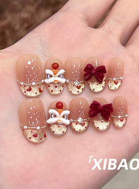 精致穿戴甲短款手工醒狮穿戴款美甲2025新款高级感穿戴式指甲贴片