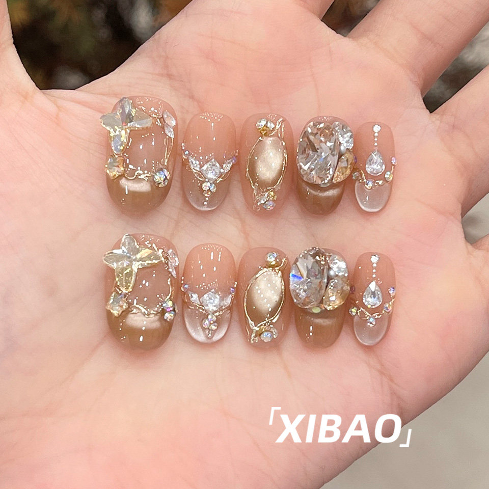 金色猫眼穿戴甲短款重工高级感指甲贴片2025新款手工法式穿戴美甲,彩妆/香水/美妆工具,穿戴甲/甲片,淘宝优惠券,粉丝福利购,淘宝优惠卷