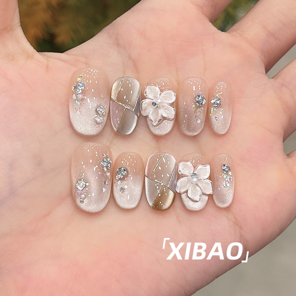 纯手工不掉钻显白猫眼雕花穿戴甲