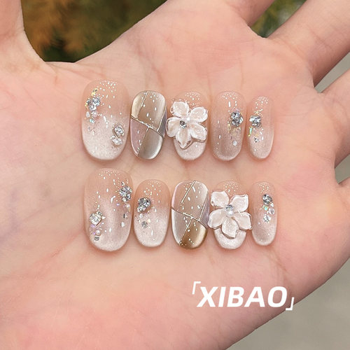 纯手工不掉钻显白猫眼雕花穿戴甲