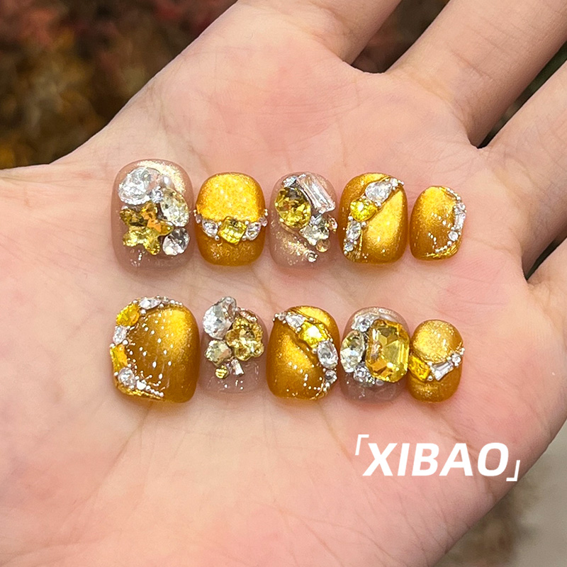 金色猫眼穿戴甲短款高质量轻奢绝美穿戴美甲2025新款手工指甲贴片