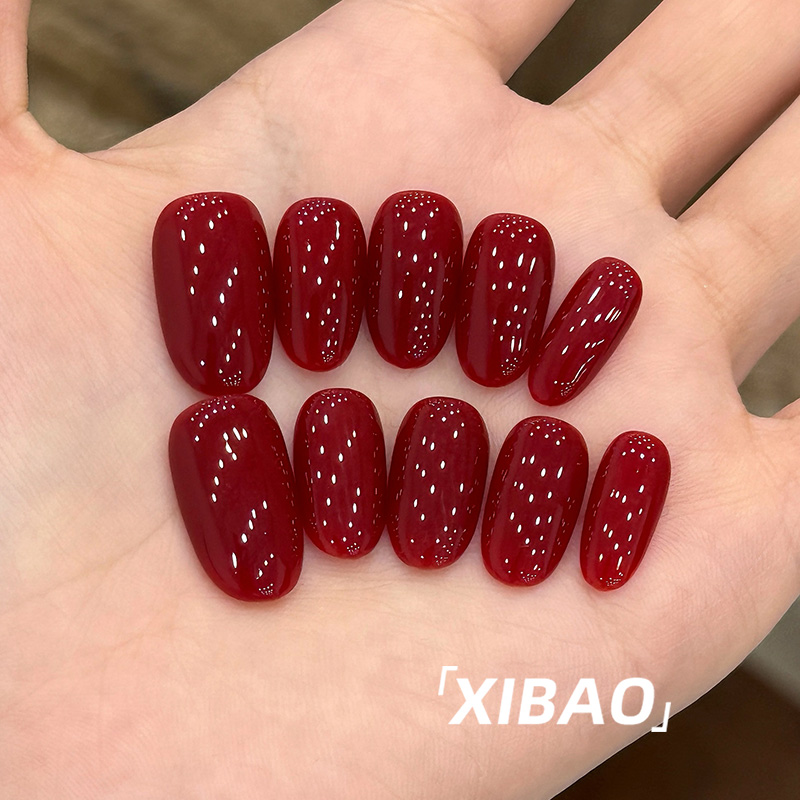 红色穿戴甲中长款高级感2025新款绝美婚甲指甲贴片纯手工穿戴美甲