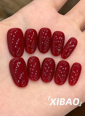 红色穿戴甲中长款高级感2025新款绝美婚甲指甲贴片纯手工穿戴美甲