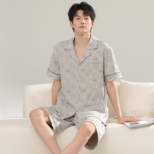 夏季新品纯棉开衫短裤男款睡衣派邦奴翻领简约家居服套装