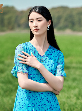 佐尔美高质感 桑蚕丝真丝乔其小碎花甜美连衣裙女E22LS38