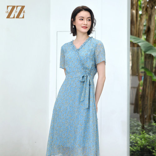 小碎花V领100%桑蚕丝