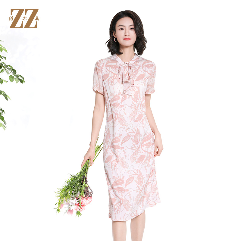 气质碎花桑蚕丝短袖连衣裙