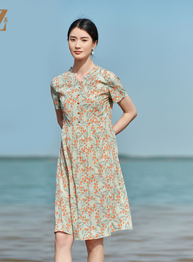 佐尔美夏季新款 桑蚕丝真丝弹力双绉小碎花连衣裙女E22LS32