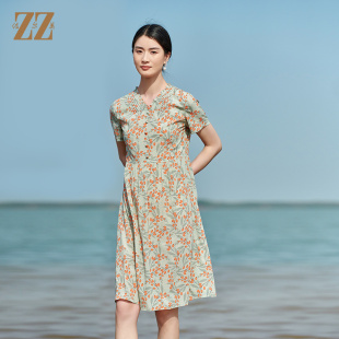 佐尔美夏季 桑蚕丝真丝弹力双绉小碎花连衣裙女E22LS32 新款