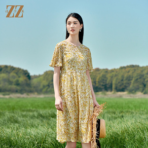 佐尔美夏季新款 桑蚕丝真丝乔其碎花甜美气质连衣裙女E22LS21