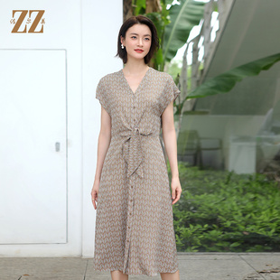 气质无袖 V领桑蚕丝中长连衣裙女E22LS70 新款 佐尔美夏季