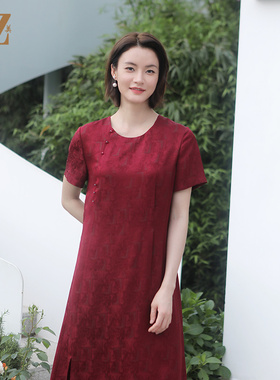 佐尔美夏季新款 国风优雅气质圆领桑蚕丝中长连衣裙女E32LS34