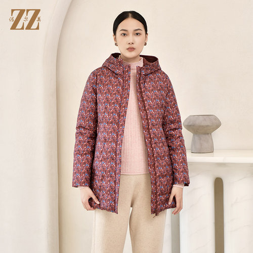 双面穿碎花图案连帽羽绒服