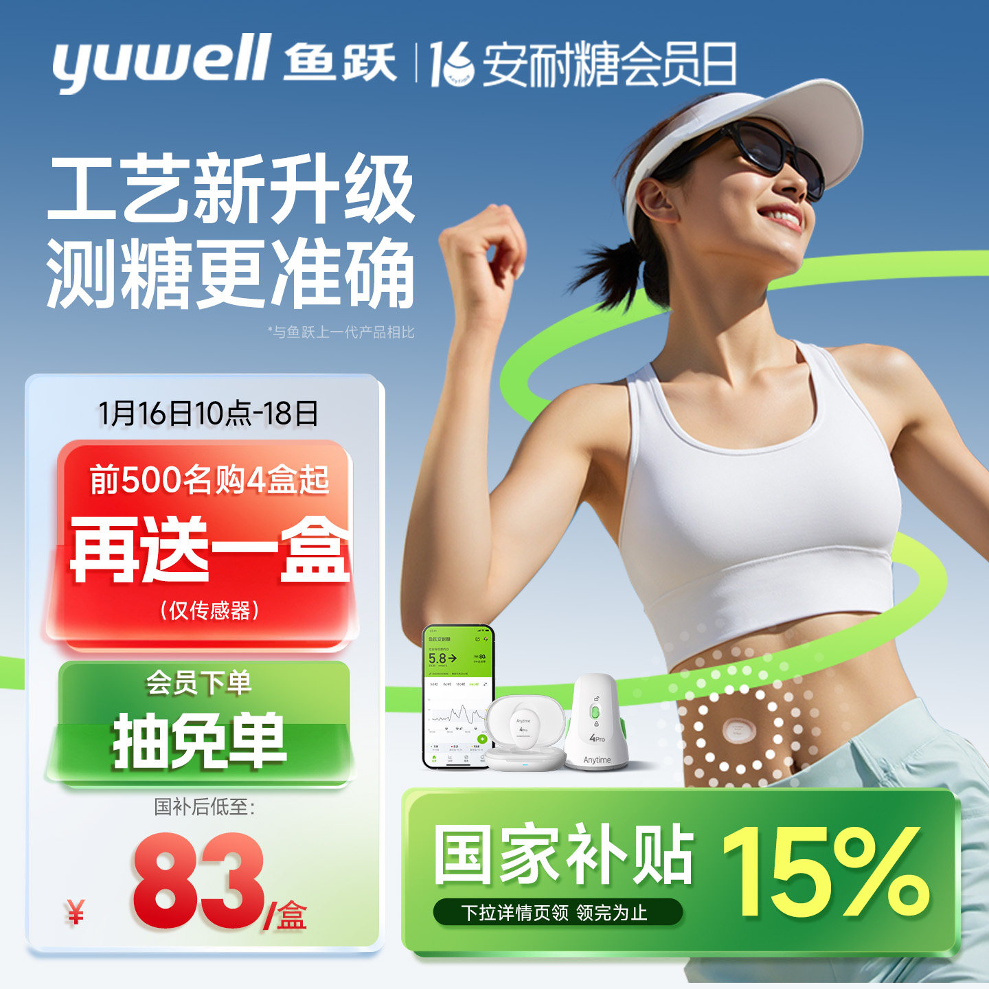 鱼跃动态血糖仪24小时血糖监测仪测血糖仪器家用检测仪安耐糖4Pro