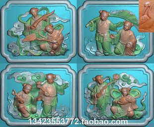 浮雕扫描图精雕图百子童子深雕八角形镂空古建寺庙人物 百子