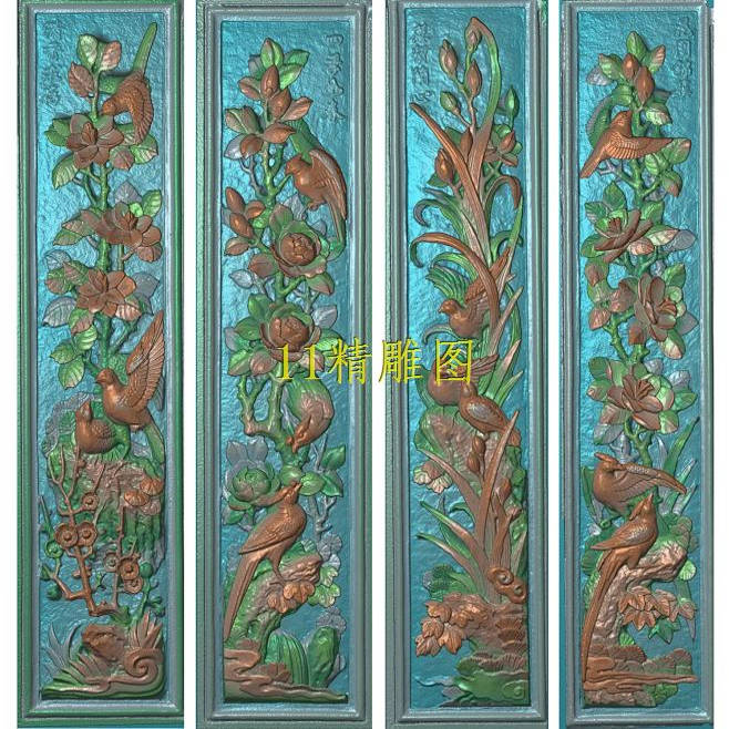 d花鸟浮雕扫描图牡丹兰花茶花精雕图竖排长条形竖屏门楼壁肚雕刻