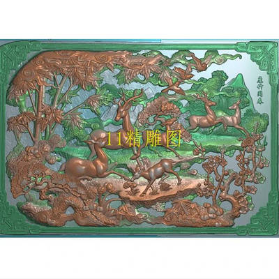 d竹鹿同春精雕图古建筑祠堂照壁惠安扫描图松鹤延年竹子石雕浮雕