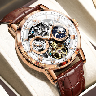 新年礼物认证新款 镂空名表品牌手表男自动机械表真皮带大表盘十大