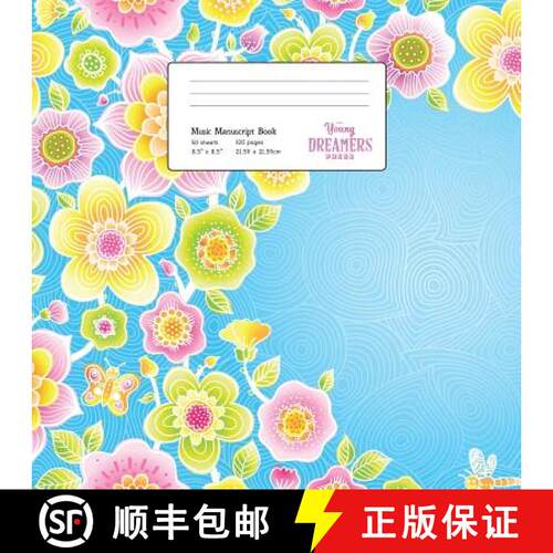 【3-4周达】Music Manuscript Book: Floral Pattern on Blue, Large Kids Stave Paper [9781989387238]