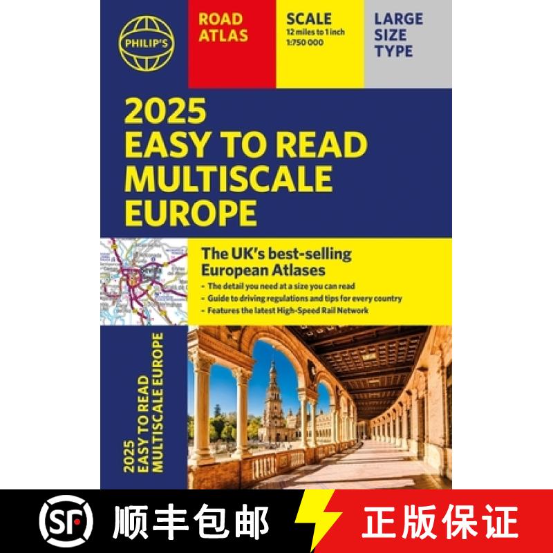 【3-4周达】2025 Philip's Easy to Read Multiscale Road Atlas of Europe:(A4 paperback with flaps)[9781849076593]