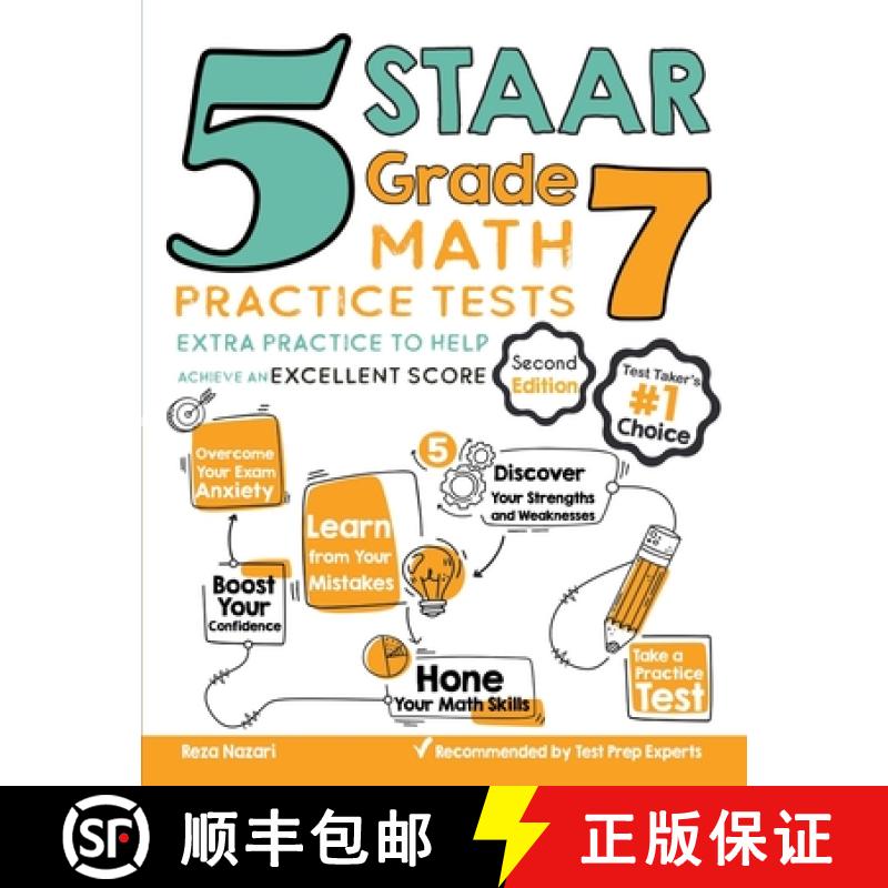 预订 5 STAAR Grade 7 Math Practice Tests: Extra Practice to Help Achieve an Excellent Score [9781637190036]