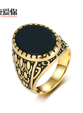 泰爱你时尚复古嵌黑宝石戒指