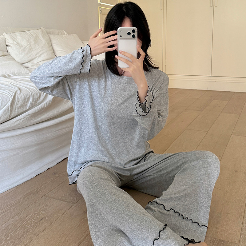 莫代尔棉圆领长袖长裤睡衣女士春秋季薄款宽松柔软舒适家居服套装