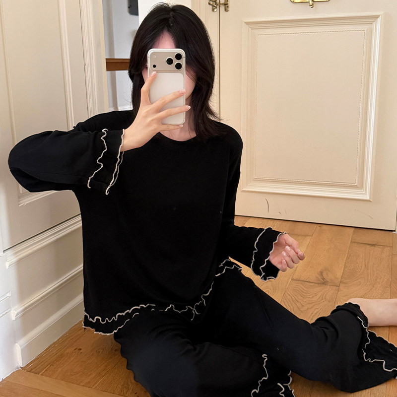纯色长袖长裤家居服套装可外穿