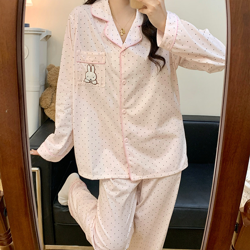 2026新款可爱卡通小兔子波点棉质睡衣女款春秋长袖长裤家居服套装