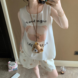 夏季新款背心睡衣女薄款网红时尚卡通夏天休闲宽松外穿家居服套装