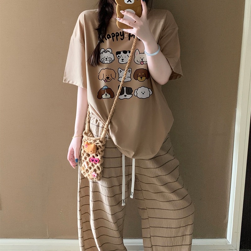 休闲套装运动服少女夏季韩版宽松显瘦网红洋气减龄印花T恤阔腿裤