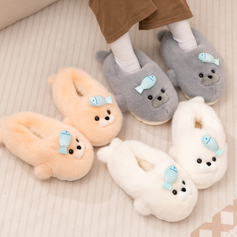 可爱海豹棉拖鞋女冬季室内居家厚底包跟情侣毛绒儿童保暖男士冬天