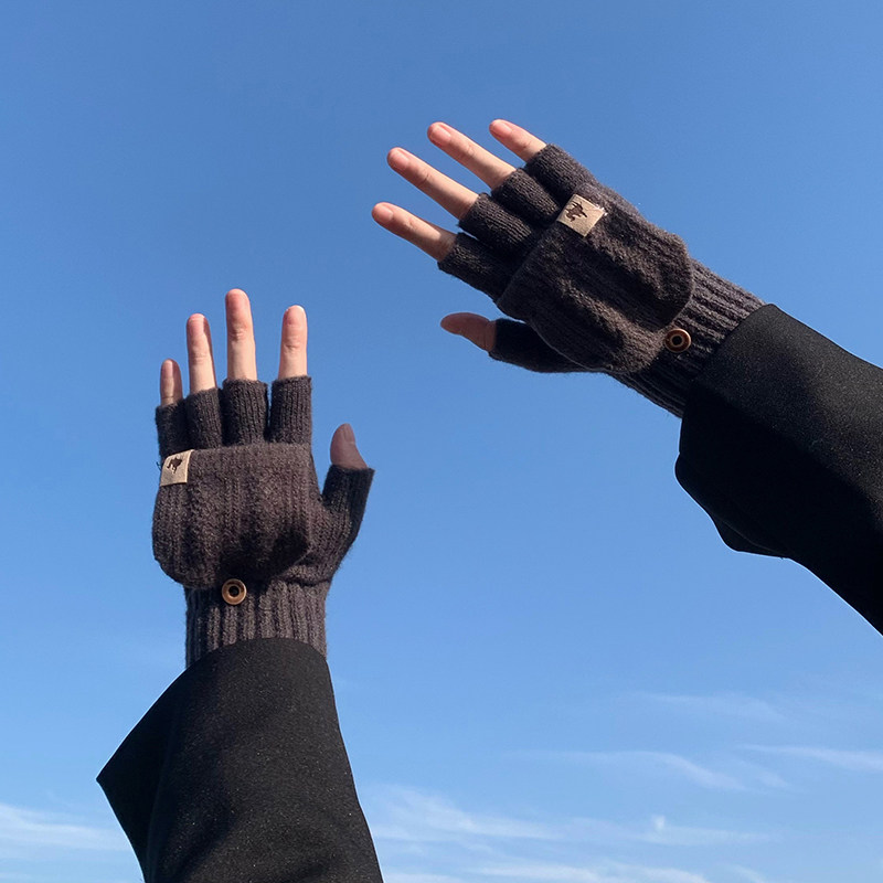 毛线针织翻盖手套男秋冬季露指学生写字打字骑行触屏保暖半指漏指