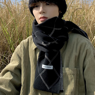 格子黑色围巾男冬季男士男款男生高档围脖青少年高级感男式仿羊绒