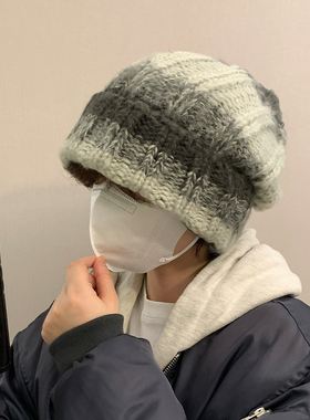 日系复古条纹针织帽大头围显脸小