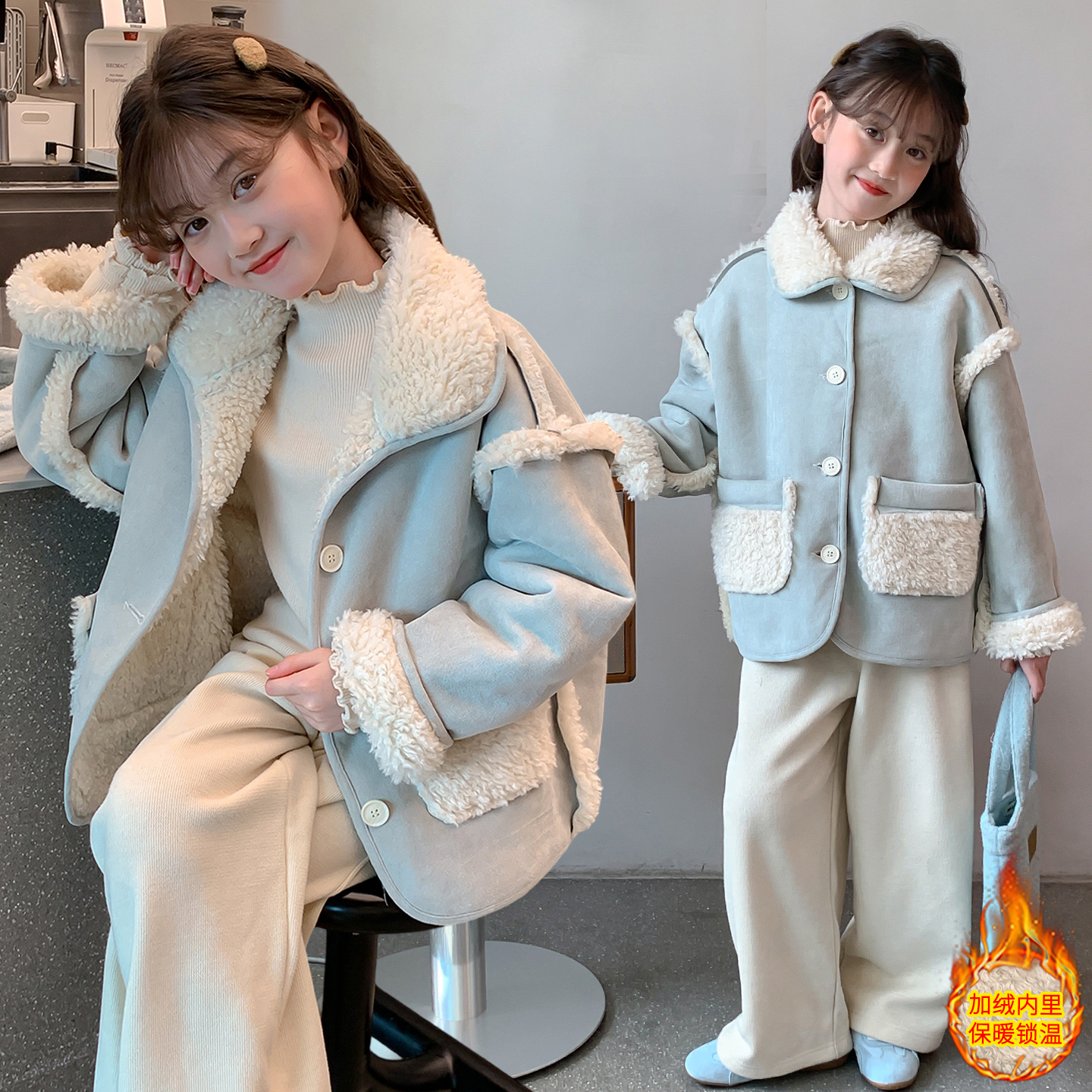 女童加厚皮毛一体鹿皮绒棉衣外套