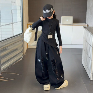 儿童黑白色燕尾服上衣jazz走秀演出服 T恤爵士舞套装 女童秋季 长袖