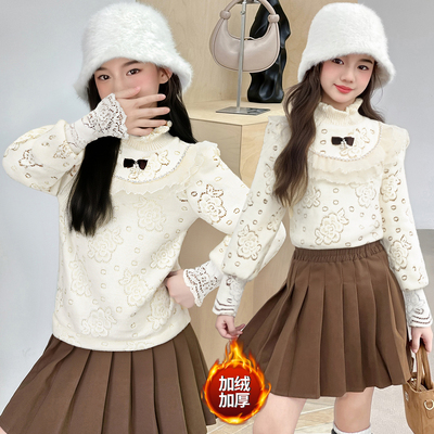 女童加绒加厚蕾丝打底衫