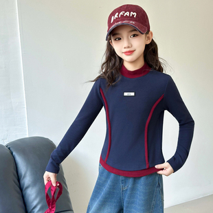 女童秋冬加绒T恤儿童拼色打底衫大童时髦加厚假两件卫衣修身内搭